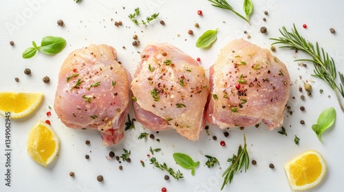 Raw chicken thighs and drumsticks, skin-on and bone-in, displayed on a white background
