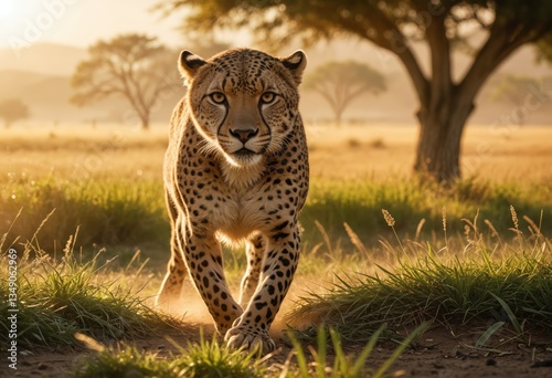 A leopard runs powerfully through a sunlit savanna