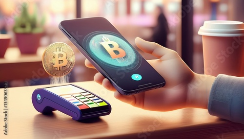 A hand holds a smartphone over a card reader, showing a crypto transaction or payment in a cafe.