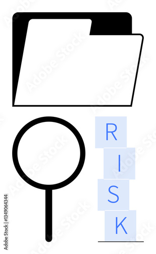 Magnifying glass, stacked RISK blocks, and document folder depict analysis, evaluation, organization. Ideal for risk management, auditing, decision-making, compliance business strategy