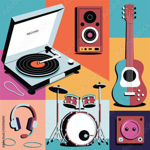 2d vector illustration icon cool entertainment cartoon character  music tools (Drum , Music Note , Headphones ,Microphone , Piano , Guitar ,Record) 
