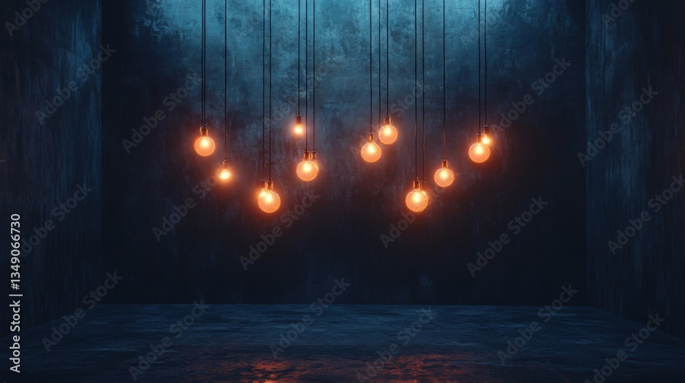 Obraz premium Glowing Orange Lightbulbs Hanging in Dark Blue Room