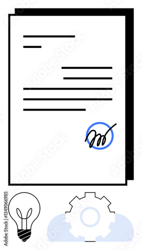 Signed document with bold line text and highlighted signature. Gear and light bulb reflect process innovation and creativity. Ideal for business, contracts, ideas, agreements, teamwork, planning