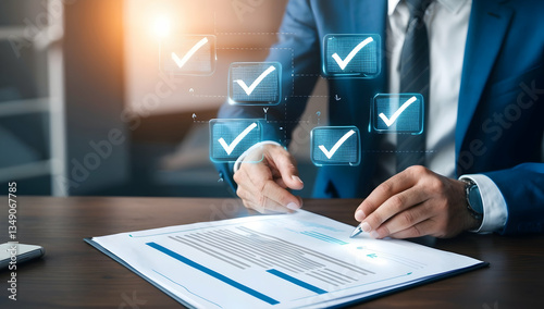 Businessman Reviewing Documents with Digital Checkmarks