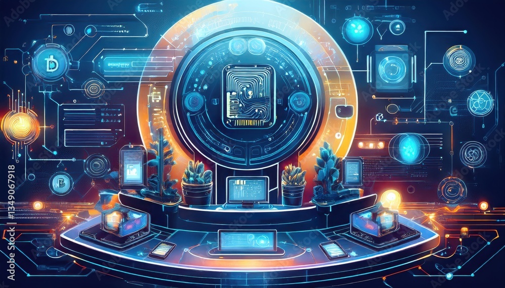 Fototapeta premium This artwork depicts a vibrant, futuristic view of cryptocurrency and blockchain.