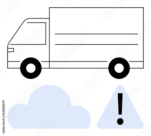Delivery truck alongside blue cloud and warning sign with exclamation mark, addressing logistics, safety, emissions, and environmental impact. Ideal for sustainability, freight, warning, shipping