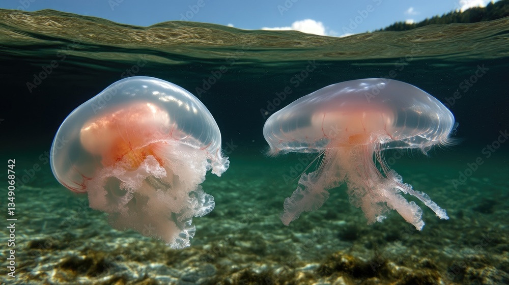 Fototapeta premium Two jellyfish in clear ocean water