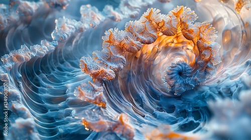 Abstract organic forms, resembling the intricate patterns of seashells, with a delicate and iridescent surface. Soft focus, painterly style, high resolution.