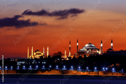The view of the Sultanahmet and Hagia Sophia mosques from the Istanbul Bosphorus.