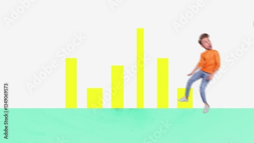 Motion art collage video of shocked businessman jump chart hand offer dollar