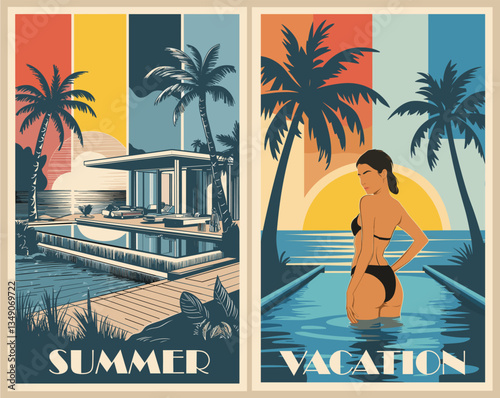 Summer vacation retro poster featuring a woman in a bikini. The poster is colorful and features a beach scene with palm trees