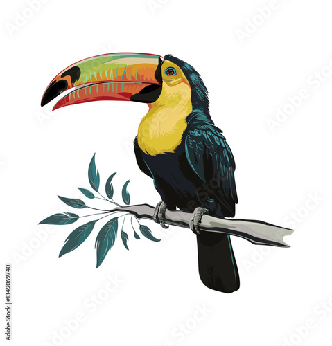 Toucan cartoon vector realistic illustration isolated on white backgground