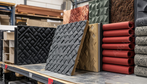 A well-organized storage area features a diverse collection of thick textured foam panels, showcasing different designs and colors on shelves. The setting emphasizes variety and accessibility