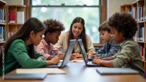 Teacher Assisting Students With Laptops In Library