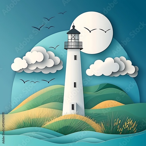 Coastal Lighthouse with Night Paper Art.