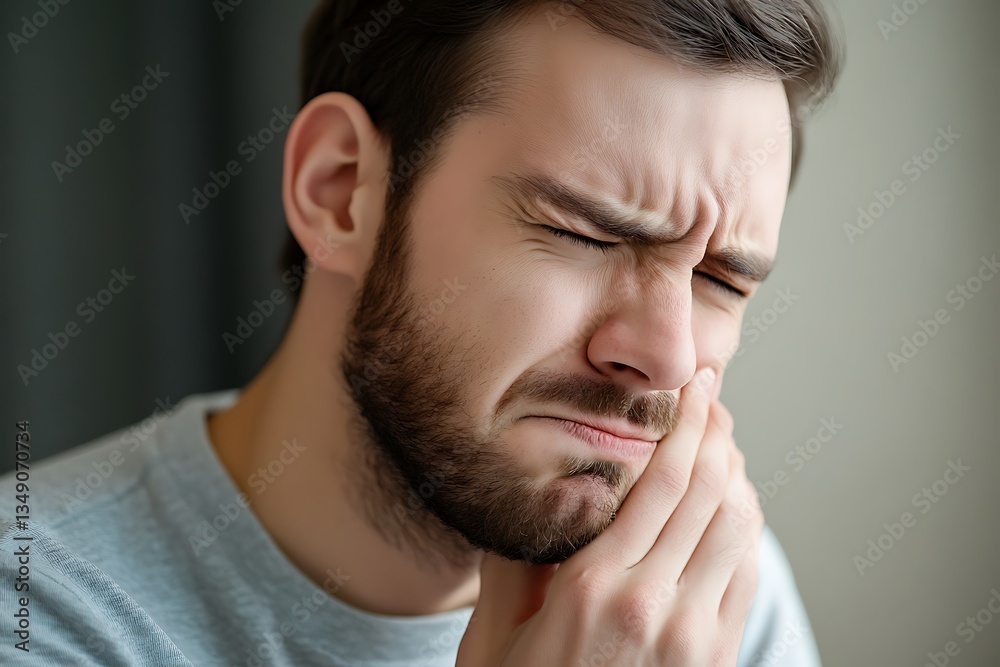A man experiencing intense toothache, his face contorted in pain, clutching his jaw with a worried expression, soft lighting highlighting the detail of his discomfort. A man experiencing intense toothache, his face contorted in pain, clutching his jaw with a worried expression, soft lighting highlighting the detail of his discomfort.