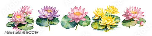 Set of Lotus, Water Lily flowers different colors. July birth month flowers watercolor paintings. Vector illustrations isolated on white background