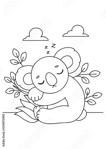 coloring book koala sleep tight in up of leaves illustration