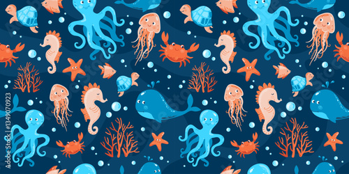 Underwater world. Sea and ocean animals seamless pattern. Wild marine creatures. Vector illustration for girls and boys baby shower and birthday