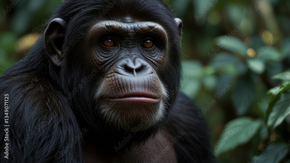 Close-up of a chimpanzee's face in a lush forest Close-up of a chimpanzee's face in a lush forest