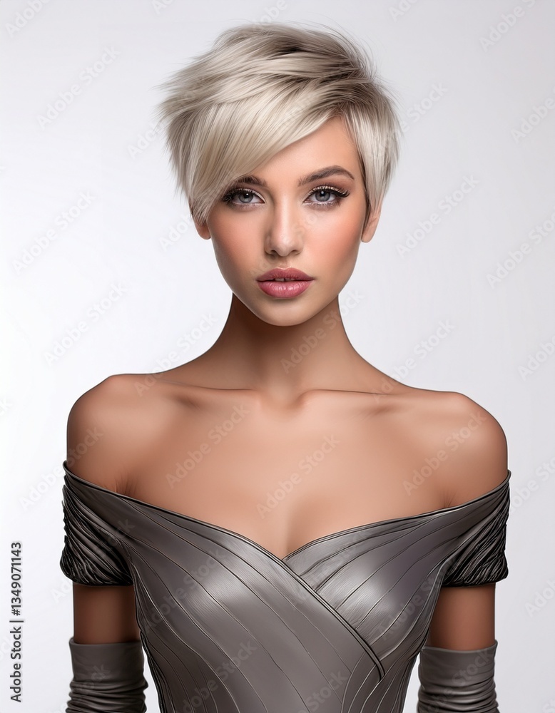 Fototapeta premium studio portrait of a blonde woman with short hair wearing a low cut grey leather top with nude shoulders on a white background, fashion photography