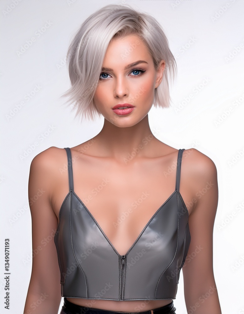 Fototapeta premium studio portrait of a blonde woman with short hair wearing a low cut grey leather top with nude shoulders on a white background, fashion photography