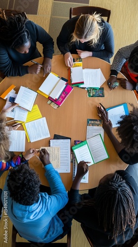 Diverse students collaborate on papers at round table