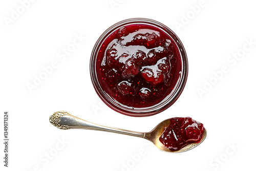 Glass bowl and spoon of red berry jam Isolated on White and Transparent Background PNG Image.
