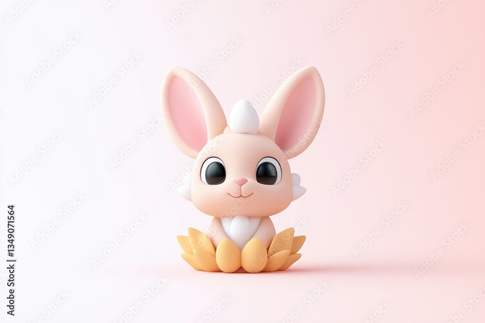 Cute 3D rendered bunny sits on a flower bed. A pastel pink and peach colored scene Cute 3D rendered bunny sits on a flower bed. A pastel pink and peach colored scene