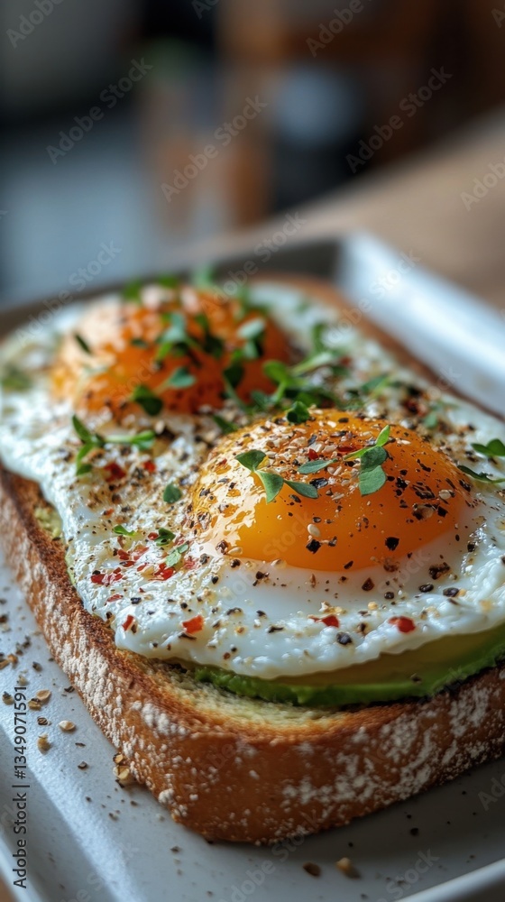 Delicious Avocado Toast with Fried Eggs Seasoning and Microgreens
