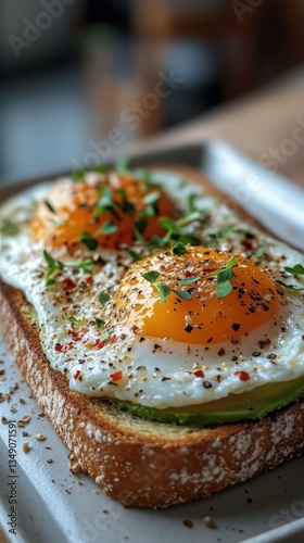 Obraz na płótnie Delicious Avocado Toast with Fried Eggs Seasoning and Microgreens w salonie