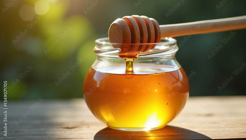 Jar of golden honey with dipper on wooden table in sunlight Jar of golden honey with dipper on wooden table in sunlight