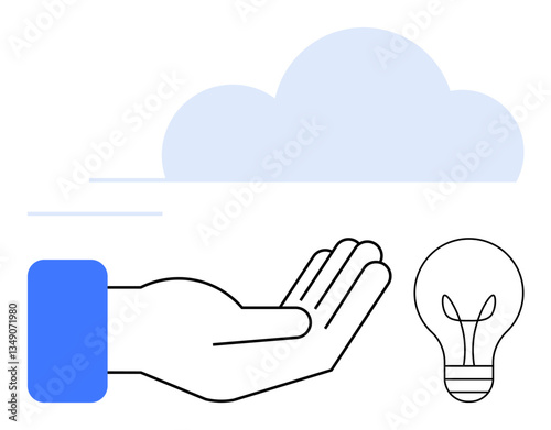 Hand gesture reaching out under a cloud and next to a glowing bulb, symbolizing ideas, innovation, sharing, cloud solutions, energy, inspiration, and support. Ideal for technology creativity