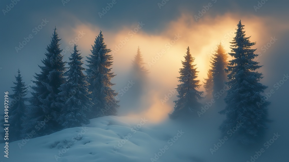 Coniferous trees, blanketed in snow, rise through thick fog, crafting a stunning winter wonderland of tranquil beauty and serene magic. Coniferous trees, blanketed in snow, rise through thick fog, crafting a stunning winter wonderland of tranquil beauty and serene magic.
