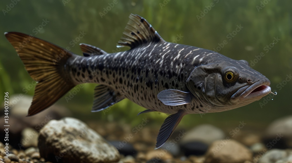 Fototapeta premium Swimming fish, dark gray and speckled, in underwater environment
