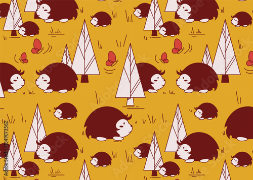 Vector seamless pattern of many cute hedgehogs, trees signs. Autumn forest background. Bright animal print. Cartoon natural texture. Children's room wallpaper. Funny art for kids textile layout design