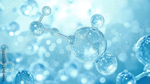 A gentle and refreshing blue-toned background with transparent bubbles and molecular chains, ideal for high-end beauty and skincare advertisements.