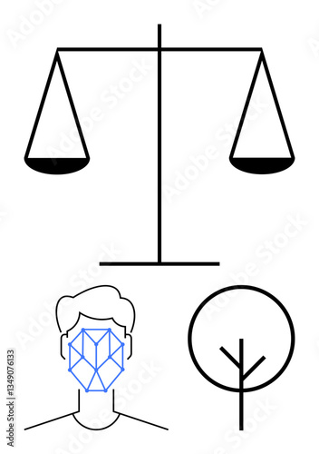 Balance scale, geometric face grid, and minimalist tree shape symbolize justice, AI, nature, and ethics. Ideal for fairness, technology eco-awareness humanity modernity law. Flat simple metaphor