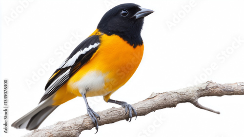 Colorful bird with orange and black feathers sitting on a branch