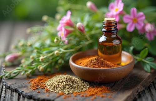 Alternative health care concept with fresh organic herbal plants, floral ingredients for therapy, cosmetics. Essential oil extract, flower extract. Homemade production, naturopathic treatment, skin