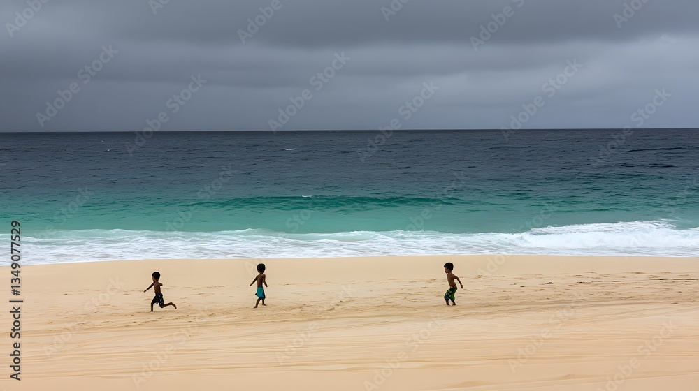 Three Children Playing on Sandy Beach Ocean Three Children Playing on Sandy Beach Ocean