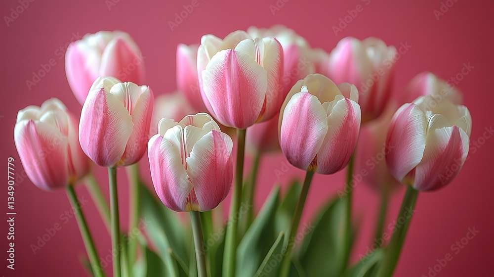 Fototapeta premium Delicate pink and white tulips, with pastel hues and elegance, create a romantic atmosphere perfect for celebrating love, spring, or Valentine's Day.