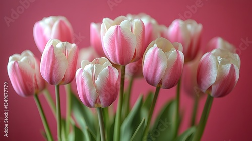 Delicate pink and white tulips, with pastel hues and elegance, create a romantic atmosphere perfect for celebrating love, spring, or Valentine's Day.