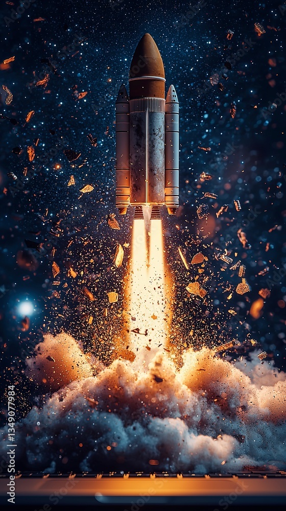 Obraz premium A Space Shuttle Launches Into Outer Space With Flames and Debris