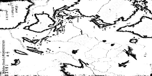 Old broken sanded aged painted facade of rusty smudged daub grime. Rough edges wrinkled plaster of uneven wall.Cracked chipped messy falling stucco. Dirty textured flaking shabby vintage map design.