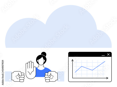 Woman raising a hand to stop two fists under a cloud with a window showing an upward trend line. Ideal for teamwork, collaboration, negotiation, business growth, conflict resolution, productivity