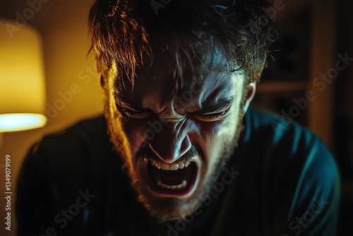 A man's face contorted in a scream of raw, visceral rage, illuminated by dramatic, contrasting light and shadow. photo