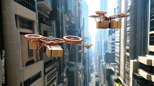 Future city delivery drones soaring between skyscrapers, carrying packages efficiently through a futuristic cityscape with bright sunlight.