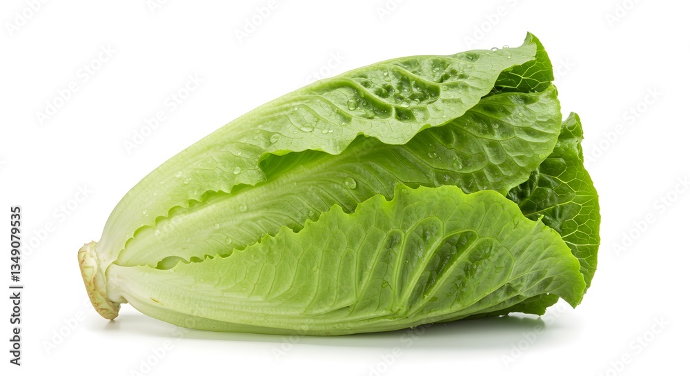 Fresh green romaine lettuce head with water droplets on the leaves against a clean white background. Fresh green romaine lettuce head with water droplets on the leaves against a clean white background.
