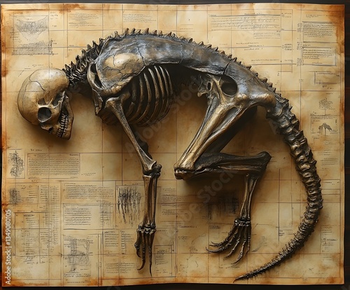 Artistic Skeleton: A unique artistic sculpture of a skeletal creature is displayed, highlighting the intricacy of its form against a backdrop of aged documents, blending science and art.
